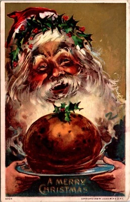 A Merry Christmas Postcard Santa Claus Holding Pudding Food Holly Crown - Image 1 of 2