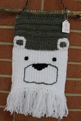 Polar Bear Wall Hanging Contemporary Decorative  Hand Knit with Fringe 13" x 9" - Image 1 of 4