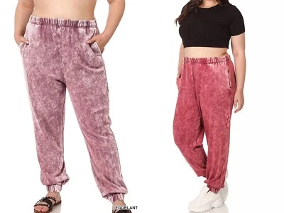 1X 2X 3X Women Acid Wash Jogger Cotton Long Pants with Pockets Elastic Waist - Image 1 of 3