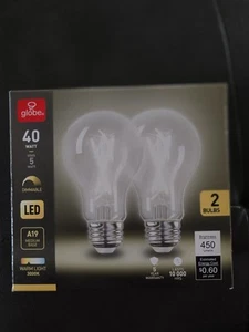 Globe 40 Watt Dimmable LED 2 Pack Bulbs, 450 Lumens, 3000k, A19, Warm light - Picture 1 of 3
