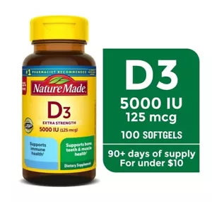 Nature Made Extra Strength Vitamin D3 5000 IU (125 mcg), 100 Softgels, High Pote - Picture 1 of 4