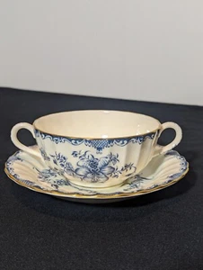 Royal Worcester Soup Bowl & Saucer England Mansfield Blue White - Picture 1 of 6