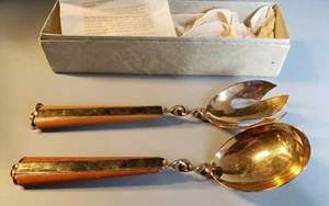 Vintage Napier Salad Serving Set 10 1/2” Gold Plated & Wood Handles MIB - Picture 1 of 7