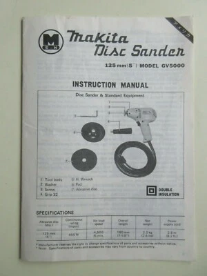 Makita GV5000 Disc Sander Instruction Manual and Parts List, 8 Pages, 1987 - Image 1 of 3