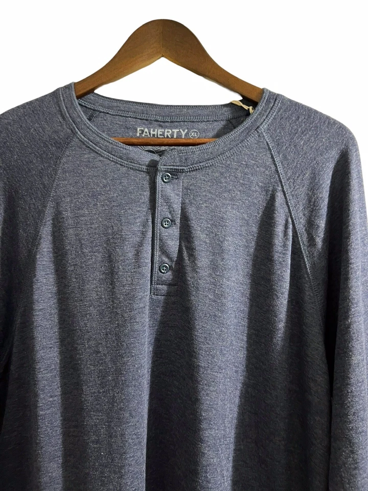 Faherty Navy Heather Blue Cloud Cotton Long Sleeve Henley Shirt 2XL