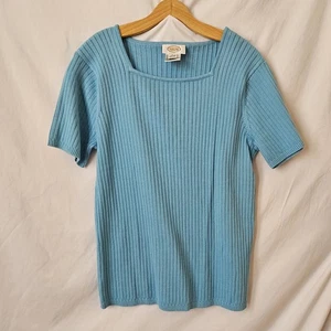 Talbots geripptes T-Shirt Damen L neu ohne Etikett Vintage Y2K blau eckiger Ausschnitt Kurzarm - Bild 1 von 7