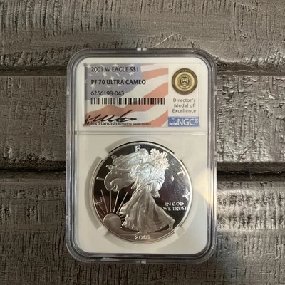 Silver Eagle 2001 W S$1 ultra cameo prueba 70 millas raro firma independiente 1 oz Foto 1 de 2