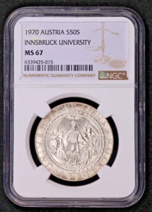 1970 AUSTRIA Innsbruck University Silver 50 Schilling Coin NGC MS67 - Picture 1 of 2