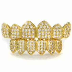 18K Gold Plated Top Bottom GRILLZ CZ Cluster Custom Slugs Mouth Teeth Grills Set - Imagen 1 de 4