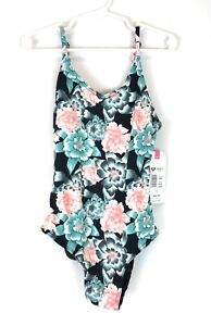 Roxy, Girl’s Size 8 Floral One Piece Swimsuit, Black, Pink, Blue