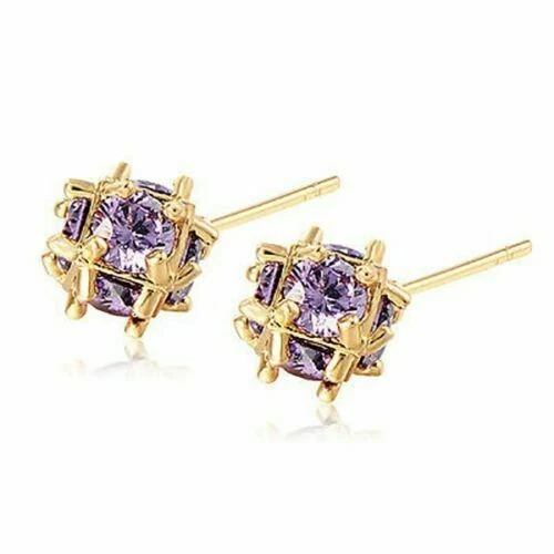 Cute New Yellow Gold Filled Amethyst Purple Round CZ Cubic Ball Stud Earrings - Image 1 of 1