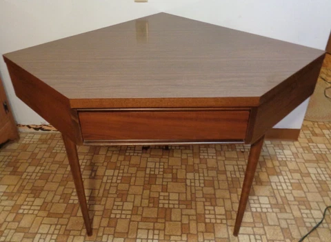 Vintage Mid Century Modern Corner Writing Desk W/ Drawer Hardwood & Formica Cover