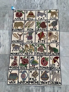 2x3 Vintage French Handmade Alphabet Rug Needle Point Chain Stitch Wall Hanging - Picture 1 of 7