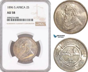 AF636, South Africa (ZAR) 2 Shillings 1896, Pretoria, Silver, NGC AU58 - Picture 1 of 1