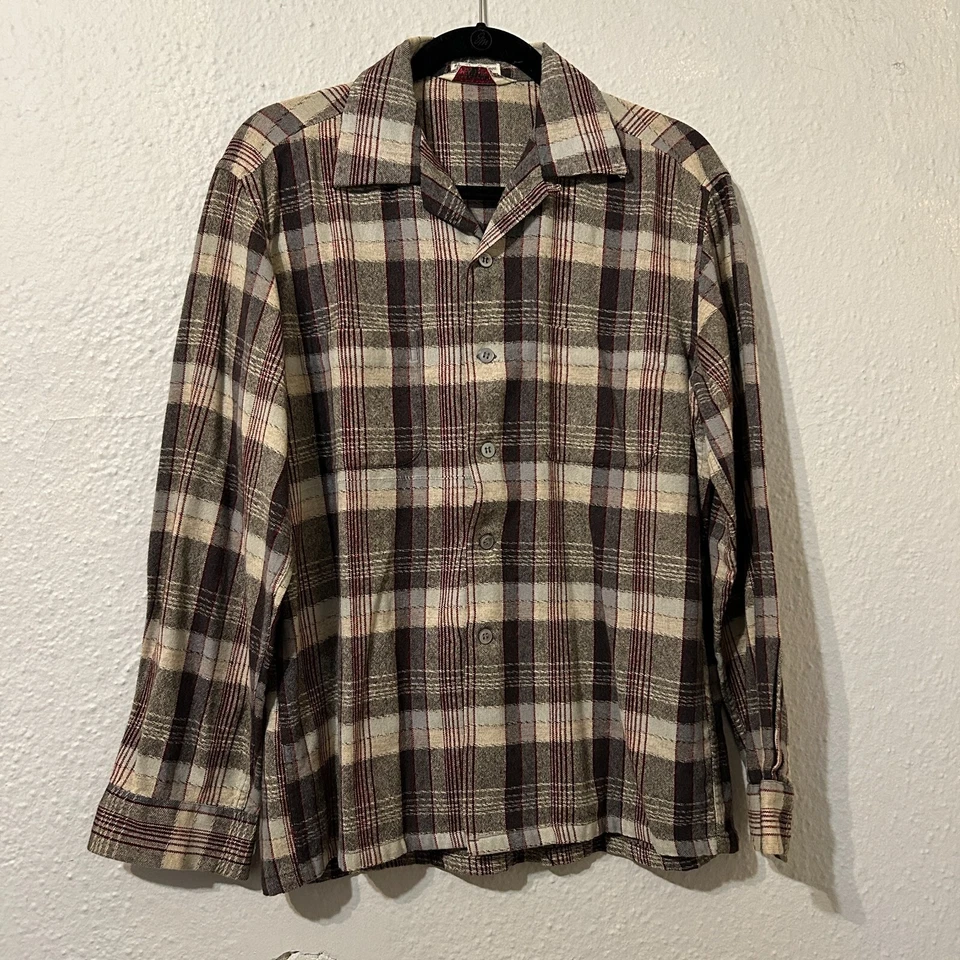 复古 20 世纪 50 年代 McGregor 格子羊毛混纺口袋纽扣衬衫环领 Rockabilly — 第 1/4 张图片