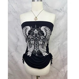 Y2K Vtg 2000s Gothic Tube Top Affliction Style Grunge Graphic Bling Wings Cross - Picture 1 of 9