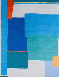 Moderner handgetufteter Teppich - 8x10 geometrische Blöcke in türkis - Wohnbereich Teppich - Bild 1 von 7