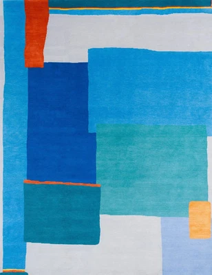 Alfombra contemporánea acolchada a mano - bloques geométricos 8x10 en verde azulado - alfombra para sala de estar Foto 1 de 4