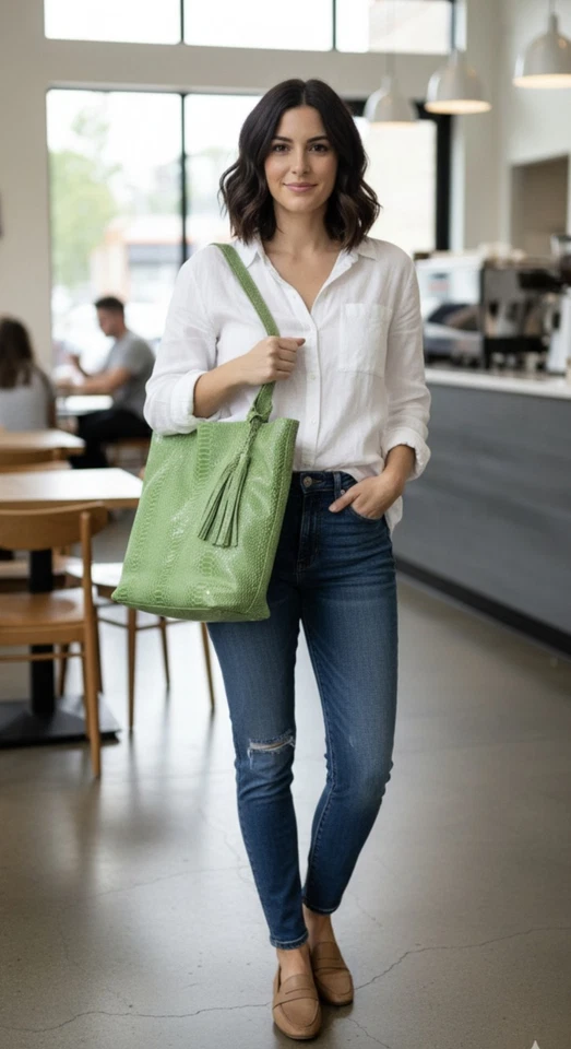 Bolsa tote estilo ombro padrão pele de cobra couro verde Buco - Imagem 1 de 4