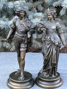 Pair Antique French Bronzed Spelter Renaissance Statues Minstrel~ Lady With Bird - Picture 1 of 21