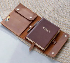 for A5 Holy Bible book jacket cover slipcase bag pocket cow leather brown X110 - Picture 1 of 5
