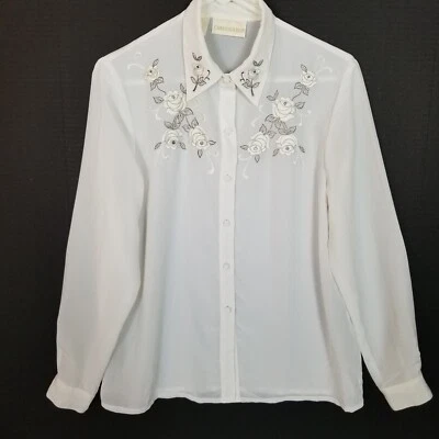 Blusa De Colección CHRISTIE & JILL Bordada Floral Semi Transparente Abotonada Blanca Talla 8 Foto 1 de 4