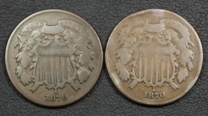Lot of 2x 1870 Copper Two Cent Pieces 2C (1x Rim Damage) - Picture 1 of 3