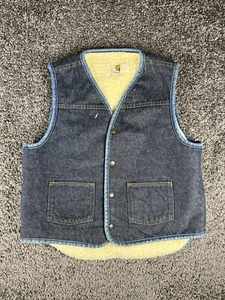 Vtg Carhartt Vest Men LRG Blue 8SV Denim Sherpa Buttoned Made In USA No Logo 80s - Picture 1 of 9