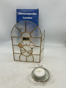Christmas Vintage Arch Tea Light Holder with Hand Painted Shell Glass Snowman - Picture 1 of 15