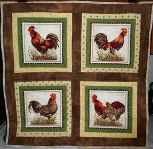 Rooster & Chicken Quilted Wall Hanging Decoration Fabric Wall Panel 31 x 30" - Picture 1 of 7