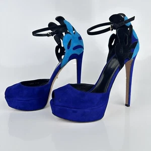 Sergio Rossi Matisse Scalloped Blue Suede Platform Heels Ankle Strap SZ 37.5 7.5 - Picture 1 of 12