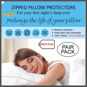 Pair of Pillow Protector 100% Cotton With Zip, White,Size 74x48cm, Anti Allergy  - Picture 1 of 9