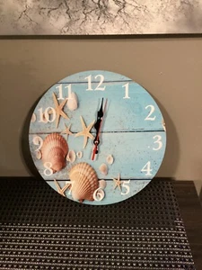 NEW 12in Coastal Wall Clock Sea Shells Wooden Battery Powered - Picture 1 of 3