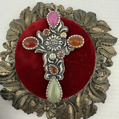 "Colgante cruz de múltiples piedras preciosas de plata de ley 925 Barse Tailandia 3""" Foto 1 de 4