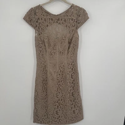 Monique Lhuillier Dress Womens 6 Brown Lace Cap Sleeve Sheath Cocktail Formal - Image 1 of 4