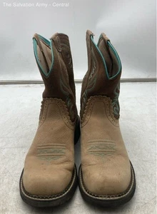 Ariat Womens Fatbaby Brown Blue Leather Pull On Mid-Calf Western Boots Size 8.5 - Picture 1 of 6