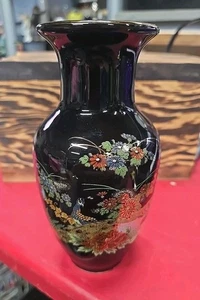 Vintage Japanese Black Vase With Peacock And Flowers And Gold Trim - Picture 1 of 3