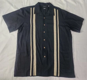 Haggar Mens Button Up Bowling Camp Shirt XL Linen Rayon Blend Black Cream - Picture 1 of 5