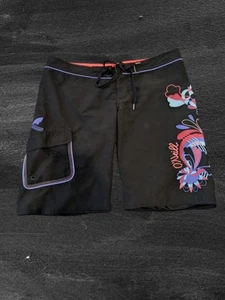 Size 30 Woman's Oneil Black Board shorts , Knee Length With Embroied Pattern - Picture 1 of 5