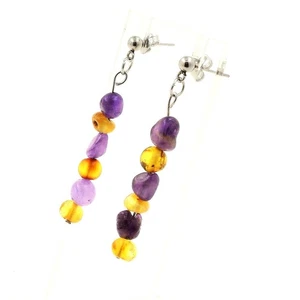 Pendientes De Acero Inoxidable Con Perlas De Ámbar Verdadero Fabricados En - Imagen 1 de 2