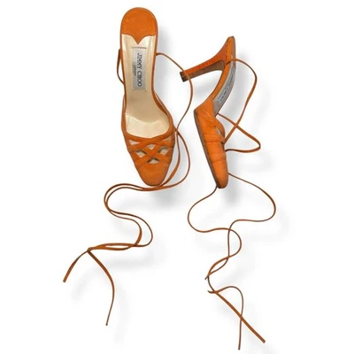 Vintage Jimmy Choo Orange Suede Lace-Up Mules Heels, Y2K Style - Image 1 of 4