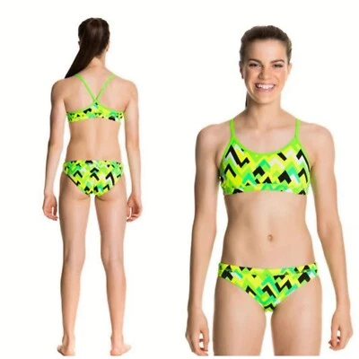 FUNKITA Sz 12 Womens Tiptonic Geometric Crop Top Racer Back Two Piece Swim - Bild 1 von 4