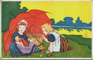 Postal vintage de picnic con muñeca para niños B192 - Imagen 1 de 2