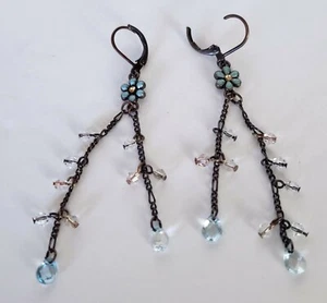 Dark Tone Chain Blue Flower Multi-color Clear faceted Beads Drop Dangle Earrings - Picture 1 of 4
