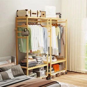Rolling Wooden Garment Coat Rack Clothes Hats Purse Hanging with Shoes Shelves - Picture 1 of 12