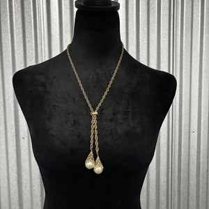 Collar Cadena Cuerda Tono Dorado Vintage Imitación Perla Gotas Lariat Ajustable 28 Pulgadas - Imagen 1 de 7