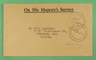 DR WHO 1947 SAMOA OHMS OFICIAL PAGADO APIA A CANADÁ R17263 Foto 1 de 2