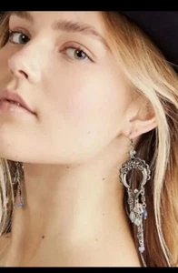 New FREE PEOPLE Monty Dangle Earrings Silver Tone Blue Gem Festival Boho NWT $38 - Picture 1 of 4