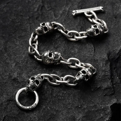 Mayo Caqui 925 Plata Esterlina Motociclista Punk Cinco Calaveras Maltesa Pareja Pulsera B20 Foto 1 de 4