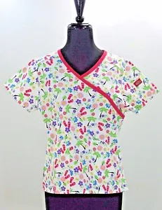 Womens Dickies Scrub Crop Top Summer Print NWT XS Mock Wrap Flip Flops Palms - Picture 1 of 3